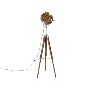 Chytrá stojací lampa trojnožka bronzová s dřevěným studiovým bodovým světlem vč. WiFi A60 - Radient
